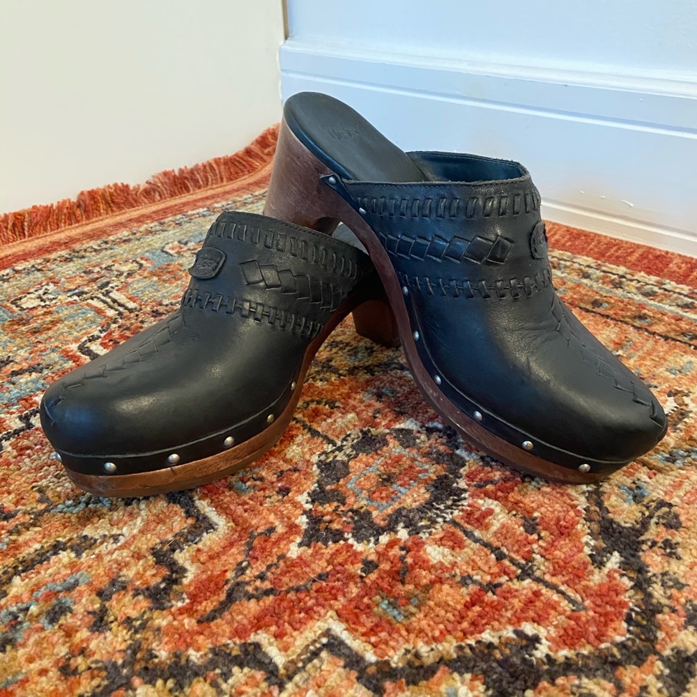 UGG black leather mules with wooden sole and heel